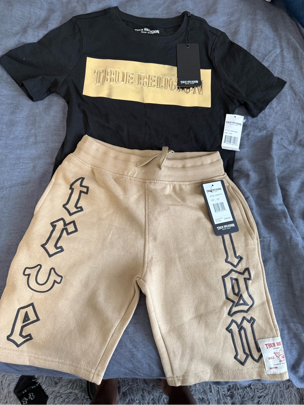 True Religion Kids Black Tee with Tan Logo & Tan Logo Shorts